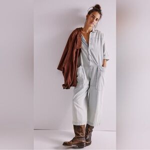 Free People We The Free Margarita Jumpsuit Utility Wide Leg Light Blue Denim, XL